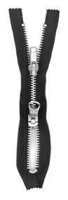 Black zipper with silver teeth and two pull tabs,