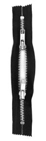 Black zipper with metal teeth and slider. The image highlights the design and function of zippers,