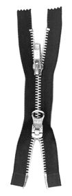 Black zipper with metal teeth and dual sliders, showcasing its functionality for clothing and accessories,