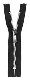 Black zipper partially opened, showcasing metal teeth and slider. Relevant for discussions on clothing