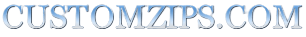 CustomZips.com logo features stylized blue text on a green background.