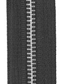 Close-up of a black zipper, showcasing the metal teeth and fabric tape.