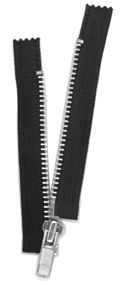 Black zipper with a metal pull, showcasing the teeth and fabric tape.